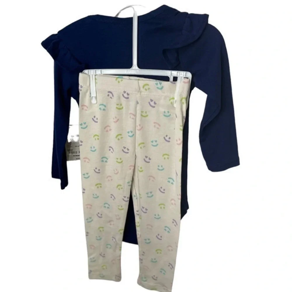 Okie‎ Dokie Baby Girls 18M Keep Smiling Bodysuit and Leggings Set Navy Blue 2pc